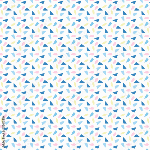 Seamless pattern with blue, pink, yellow and white random spot. Geometric ornament. Abstract vector pattern.