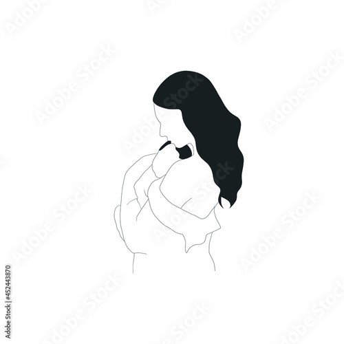 Mom with child. Woman holds baby in her arms. Happy parenting. Family portrait. Hand drawn graphic art. 