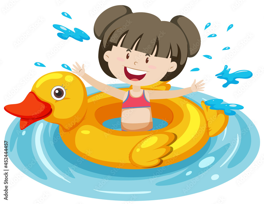 Fototapeta Cute girl with duck swimming ring in the water isolated