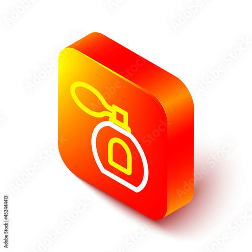Isometric line Perfume icon isolated on white background. Orange square button. Vector