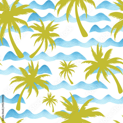 Gold coconut palm trees and sea waves seamless pattern. Tropical beach summer print. 