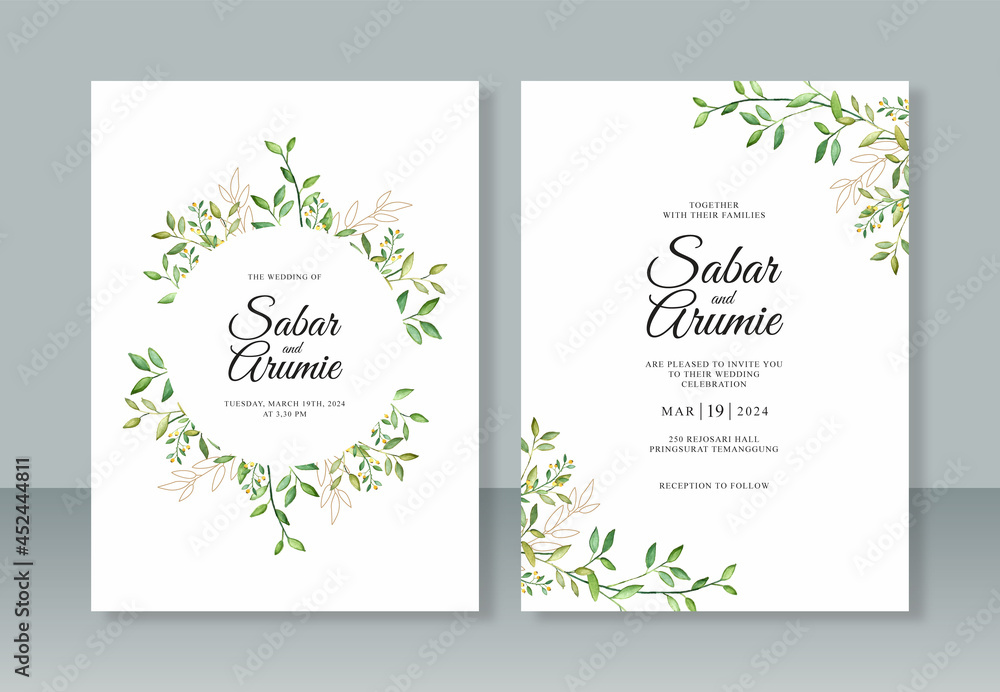 Elegant wedding invitation template with foliage watercolor painting