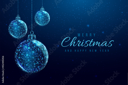 Wireframe christmas balls and star, low poly style. Merry Christmas and New Year banner. Abstract modern 3d vector illustration on blue background.