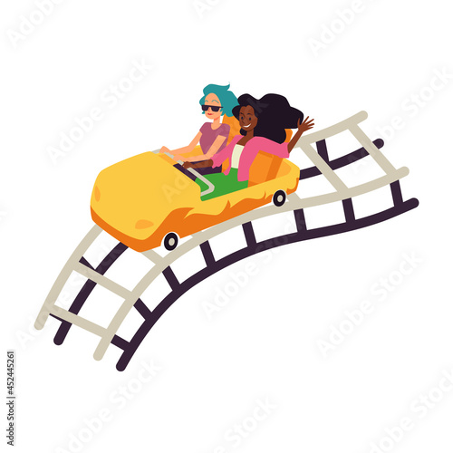 Rollercoaster attractions car on railroad, flat vector illustration isolated.