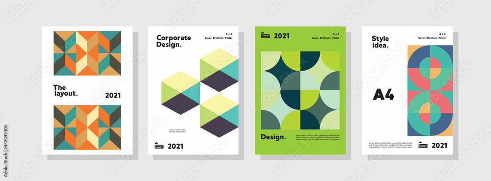 Company identity brochure template collection. Business presentation vector A4 vertical orientation front page mock up set. 