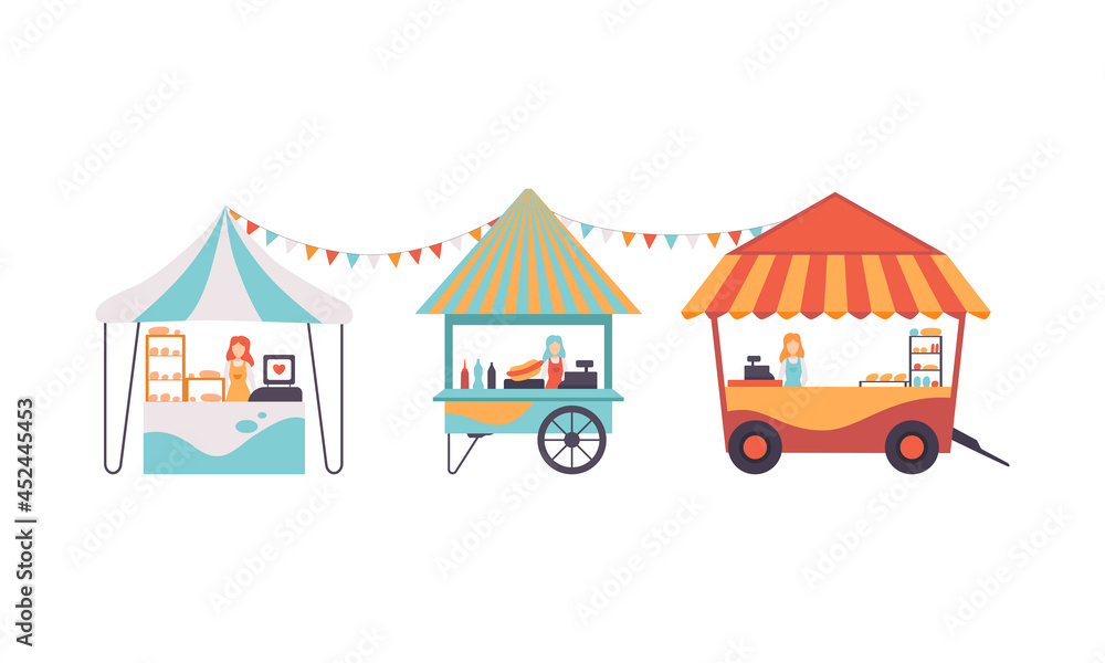 Park Kiosk with Striped Awning and Woman at Counter Selling Food and Snack Vector Illustration