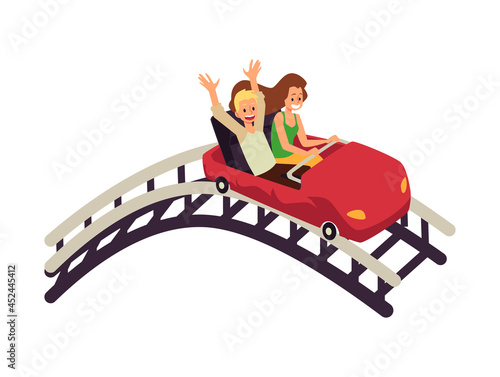 Young couple man and woman enjoying of rollercoaster in amusement park