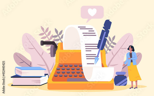 the poetry writer with yellow skirt stands in front of type writer mechine pen inkwell and paper roll textbook