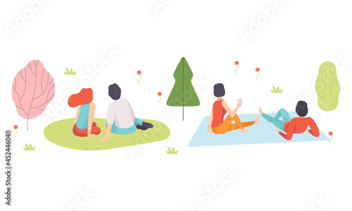Romantic Couple Enjoying Picnic in Nature Sitting on Blanket Back View Vector Set