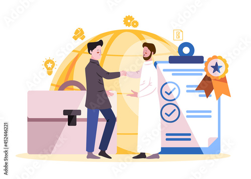 a diplomat with white gamis from middle east shake hand to partner with blue trousers when business agreements are got