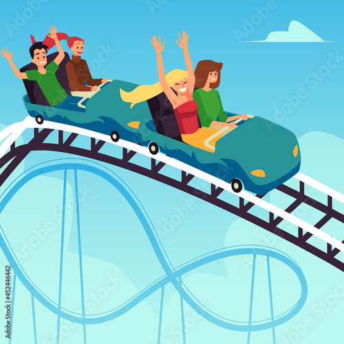 Amusement park roller coaster attraction with people flat vector illustration.