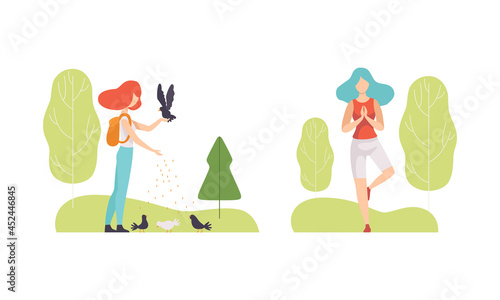 People Resting in Park with Woman Doing Yoga and Feeding Pigeon Vector Set