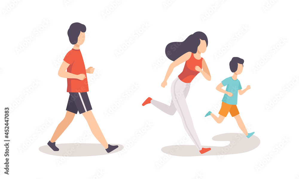People Running and Jogging Doing Sport and Physical Exercise Training Body and Muscle Vector Set People Running and Jogging Doing Sport and Physical Exercise Training Body and Muscle Vector Set