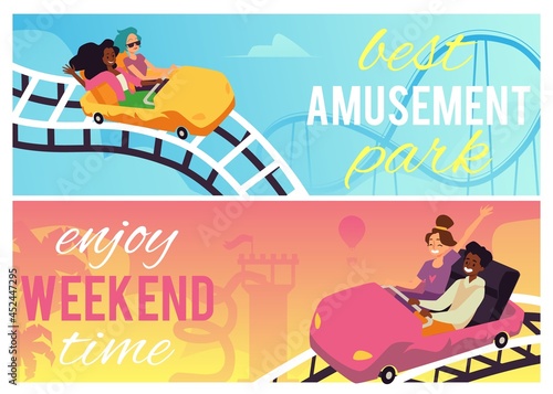 Web banners or horizontal posters for amusement park, flat vector illustration.