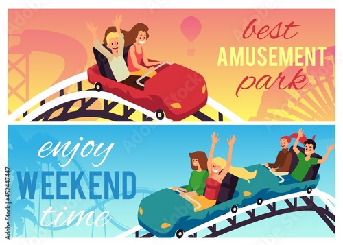 Friends ride roller coaster in amusement park on colored background