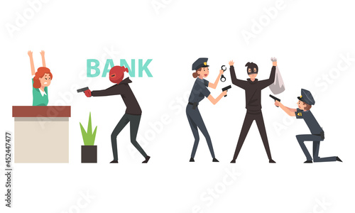Bank Robbery with Masked Man with Pistol Threatening Victim and Police Officer Arresting Guy Committing Crime Vector Set