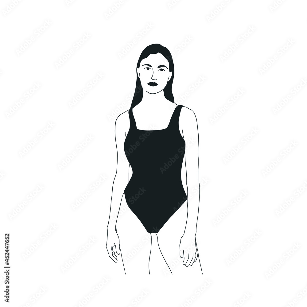 Sexy woman in black underwear or swimsuit hand drawn in graphic style. Isolated female figure. Vector design for logo. Yoga, beauty salon, fitness Sexy woman in black underwear or swimsuit hand drawn in graphic style. Isolated female figure. Vector design for logo. Yoga, beauty salon, fitness