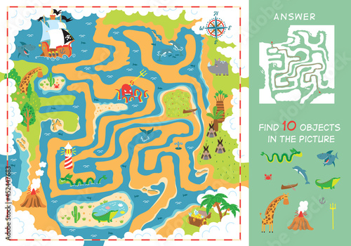 Pirate map. You need to make a route for the ship to the treasure island and find 10 hidden objects in the picture. Vector illustration.