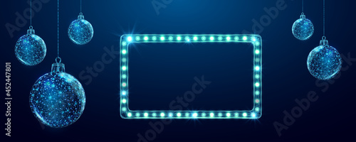 Christmas Movie night banner. Wireframe balls and light billboard, low poly style. Abstract modern 3d vector illustration on blue background.