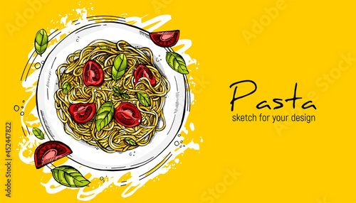 italian pasta with tomato and basil. Hand drawing sketch.