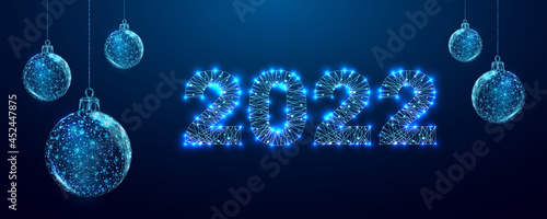 Wireframe christmas balls and star  low poly style. Merry Christmas and New Year banner. Abstract modern 3d vector illustration on blue background.