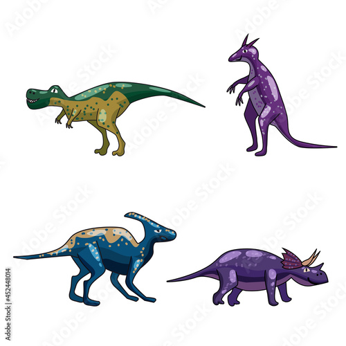 Set funny prehistoric dinosaurus Tyrannosaurus, Triceratops. Collection ancient wild monsters reptiles cartoon style. Vector isolated