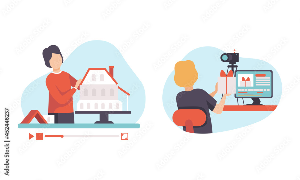 Man Blogger or Vlogger Making Photo and Video Content for Web Channel Vector Set