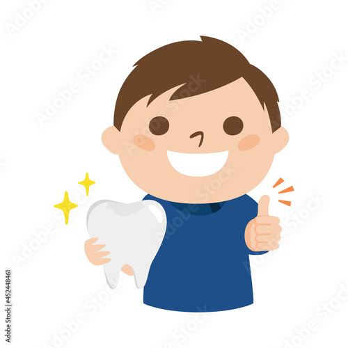 歯医者のイラスト。治療跡の歯を持って笑ってる男性歯科医。