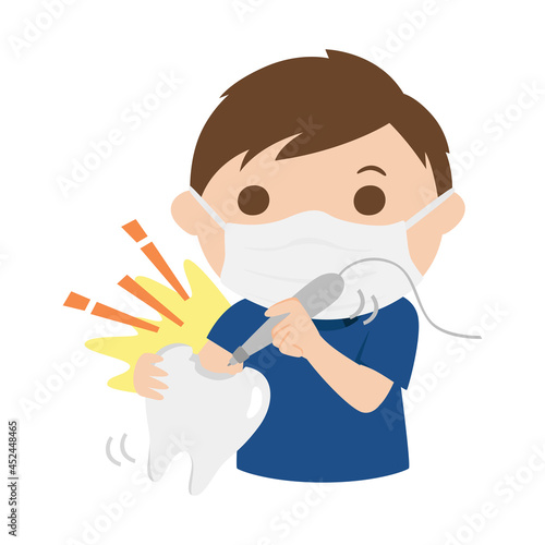 歯医者のイラスト。虫歯になった歯を治療してる男性歯科医。