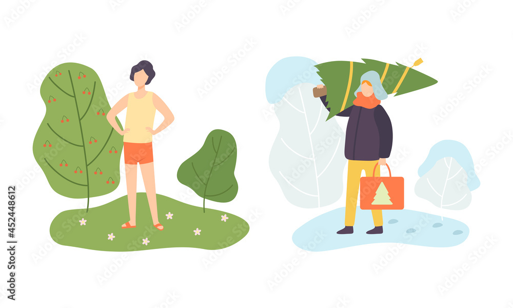 Season Scene with Man Character Sunbathing Sunny Summer and Carrying Fir Tree in Winter Vector Set Season Scene with Man Character Sunbathing Sunny Summer and Carrying Fir Tree in Winter Vector Set