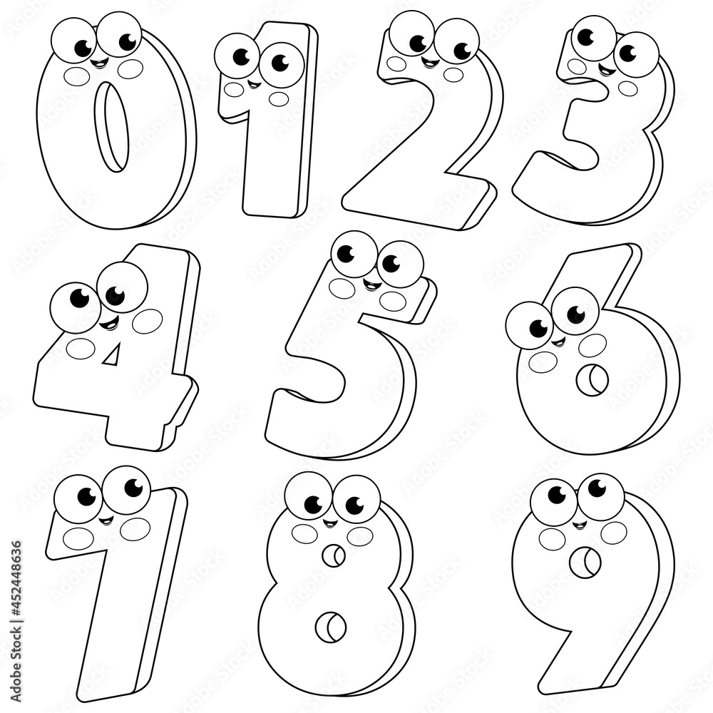 Cartoon number characters. Vector black and white coloring page Stock ...