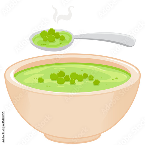 Bowl of pea soup and a spoon. Vector illustration