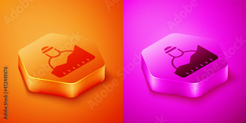 Isometric Growth of homeless icon isolated on orange and pink background. Homelessness problem. Hexagon button. Vector