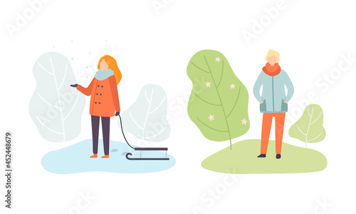 Season Scene with Woman Walking with Sledge in Snowy Winter and Man Enjoying Blooming Spring Flora Vector Set