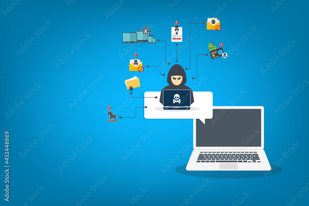 Hacker with laptop computer stealing confidential data, personal information and credit card detail. Hacking concept Hacker with laptop computer stealing confidential data, personal information and credit card detail. Hacking concept
