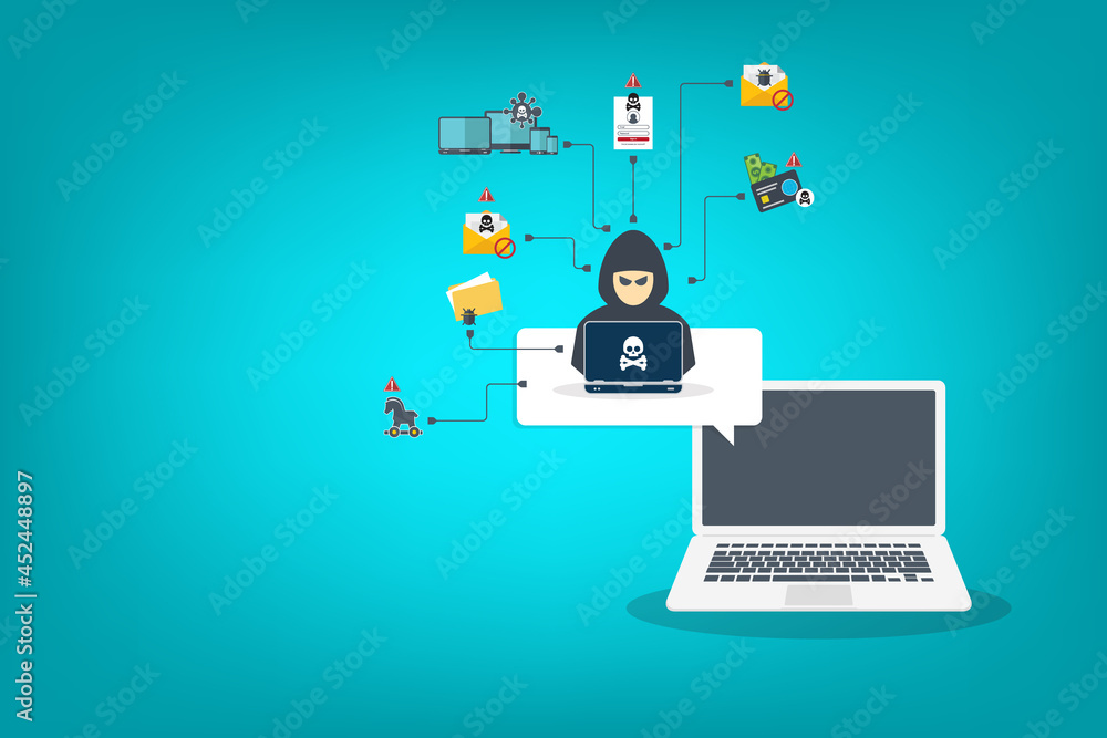 Hacker with laptop computer stealing confidential data, personal information and credit card detail. Hacking concept Hacker with laptop computer stealing confidential data, personal information and credit card detail. Hacking concept