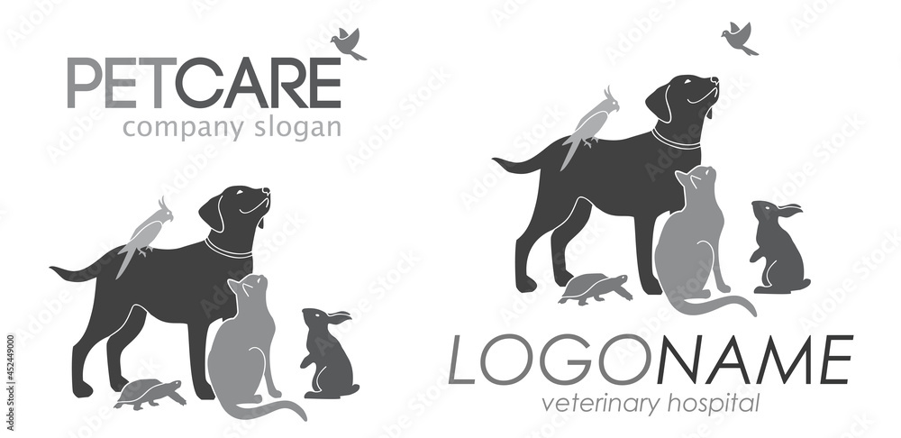 group of animals with place for text, black white, vector illustration, isolated objects 