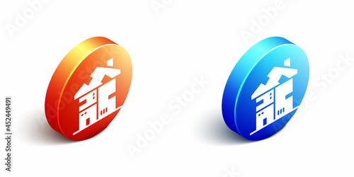 Isometric Homeless cardboard house icon isolated on white background. Orange and blue circle button. Vector