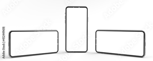 3D rendering of mockups Smartphone white screen on white floor, Mobile phone mockup tilted to the ground. Smartphone white screen can be used for commercial advertising, Isolated on white background.