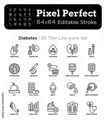Diabetes thin line icons set: blood test, glucometer, glucose level, insulin pen, hyperglycemia, insulin pump, diabetic retinopathy, obesity. Pixel perfect, editable stroke. Vector illustration.
