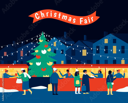 Evening winter market with the inscription Christmas market. Illustration for shopping lifestyle design. The seller at the stall serves buyers. Winter season. Flat cartoon colorful vector illustration