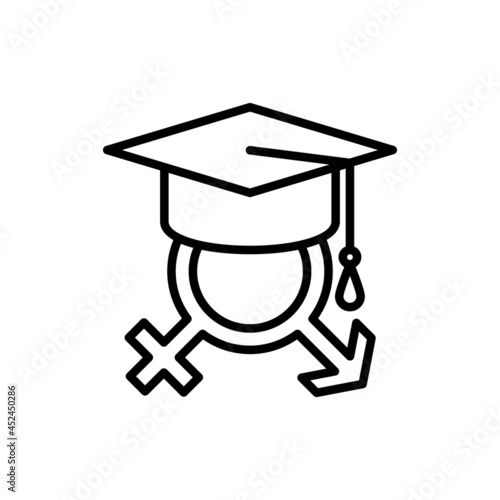 Sex education thin line icon. Gender symbols in mortarboard. Modern vector illustration.