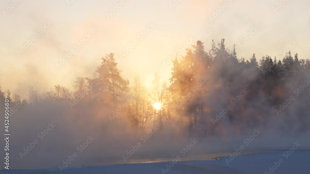Rising sun flares through trees and steam from a river on a very cold winter morning. Tripod shot. Rising sun flares through trees and steam from a river on a very cold winter morning. Tripod shot.
