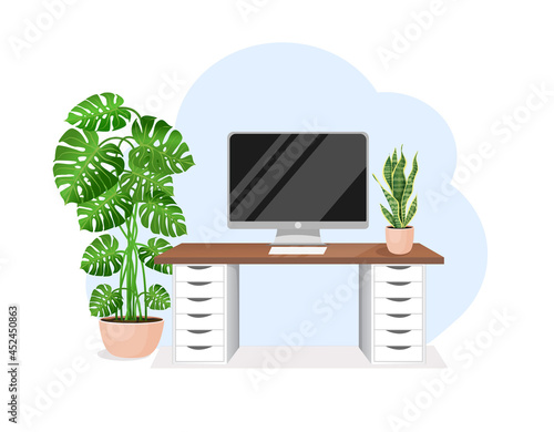 Cozy workplace with houseplants. Modern interior for home office with computer, cabinet, remote work, freelancing, teaching. Vector illustration in flat cartoon style. Comfortable workspace.