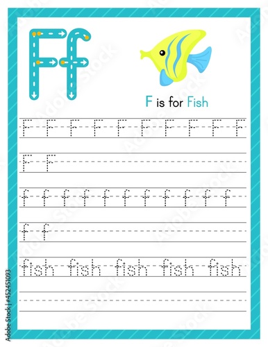 Trace letter F uppercase and lowercase. Alphabet tracing practice preschool worksheet for kids learning English with cute cartoon animal. Activity page for Pre K, kindergarten. Vector illustration