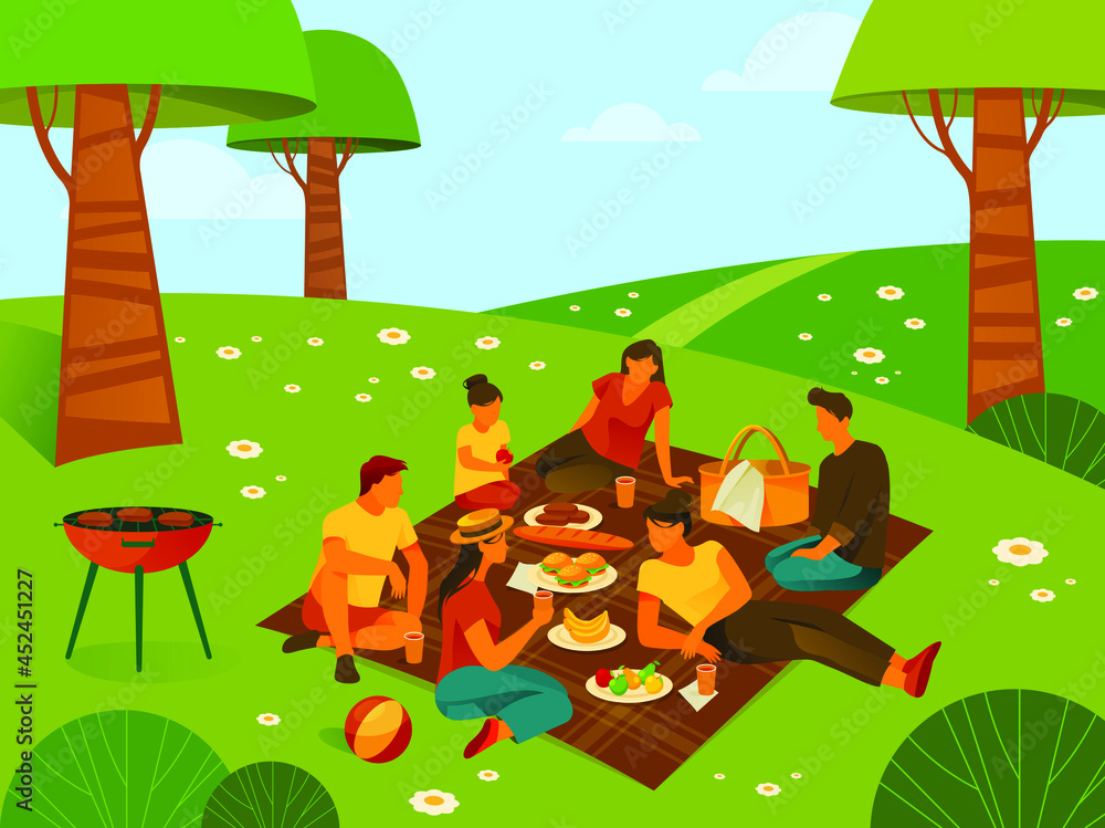 Picnic or recreation in forest or parkland, background or banner. People  resting in wood, family or friends spend weekend at nature. Outdoor leisure  activity, landscape view. Stock Vector | Adobe Stock