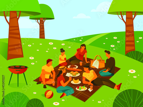 Fototapeta Naklejka Na Ścianę i Meble -  Picnic or recreation in forest or parkland, background or banner. People resting in wood, family or friends spend weekend at nature. Outdoor leisure activity, landscape view.
