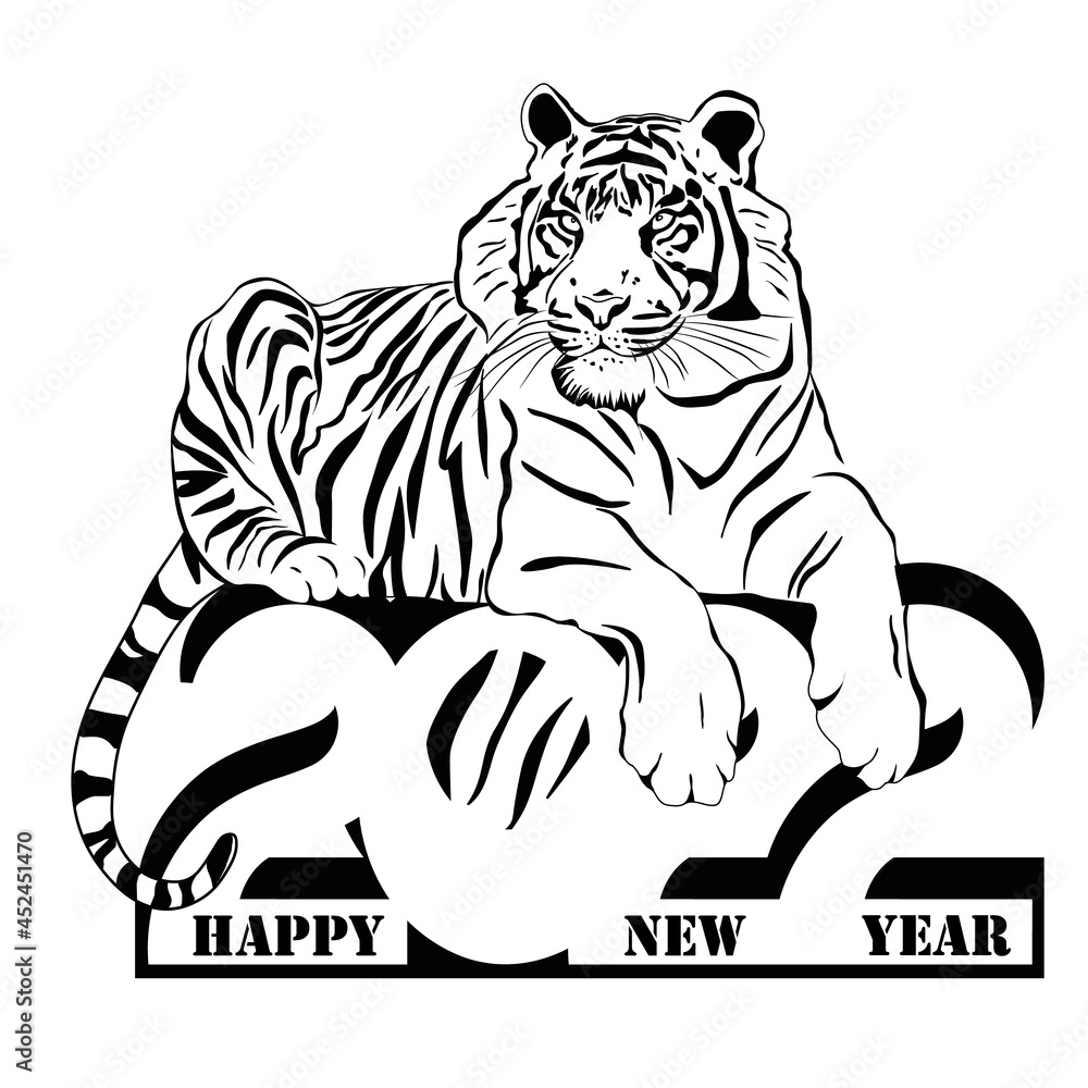 Obraz premium Happy Chinese New Year of the Tiger 2022. Zodiac sign for greeting card, flyer, invitation, poster, brochure, banner, calendar, social media, screensaver. New Year, Year of the Tiger.