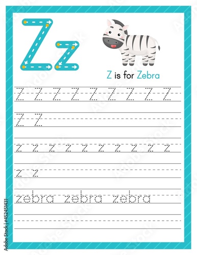 Trace letter Z uppercase and lowercase. Alphabet tracing practice preschool worksheet for kids learning English with cute cartoon animal. Activity page for Pre K, kindergarten. Vector illustration