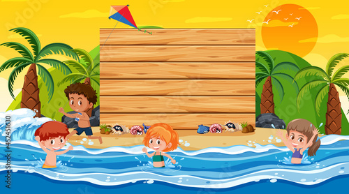 Kids on vacation at the beach sunset scene with an empty banner template